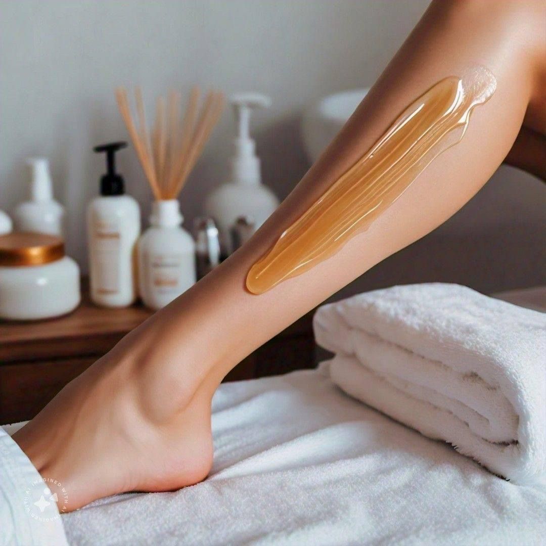 A woman is getting her legs waxed in a spa.