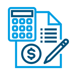 Calculadora, documento, signo de dólar y bolígrafo, todos delineados en azul, representando finanzas y cálculos.