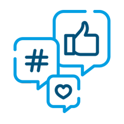 Íconos de redes sociales azules: hashtag, pulgar hacia arriba y corazón en burbujas de diálogo.