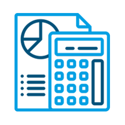 Un gráfico con un gráfico circular y un documento con una calculadora, contorno azul.