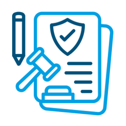 Icono azul: documento legal con escudo, mazo, sello y pluma, que representa la ley y la protección.