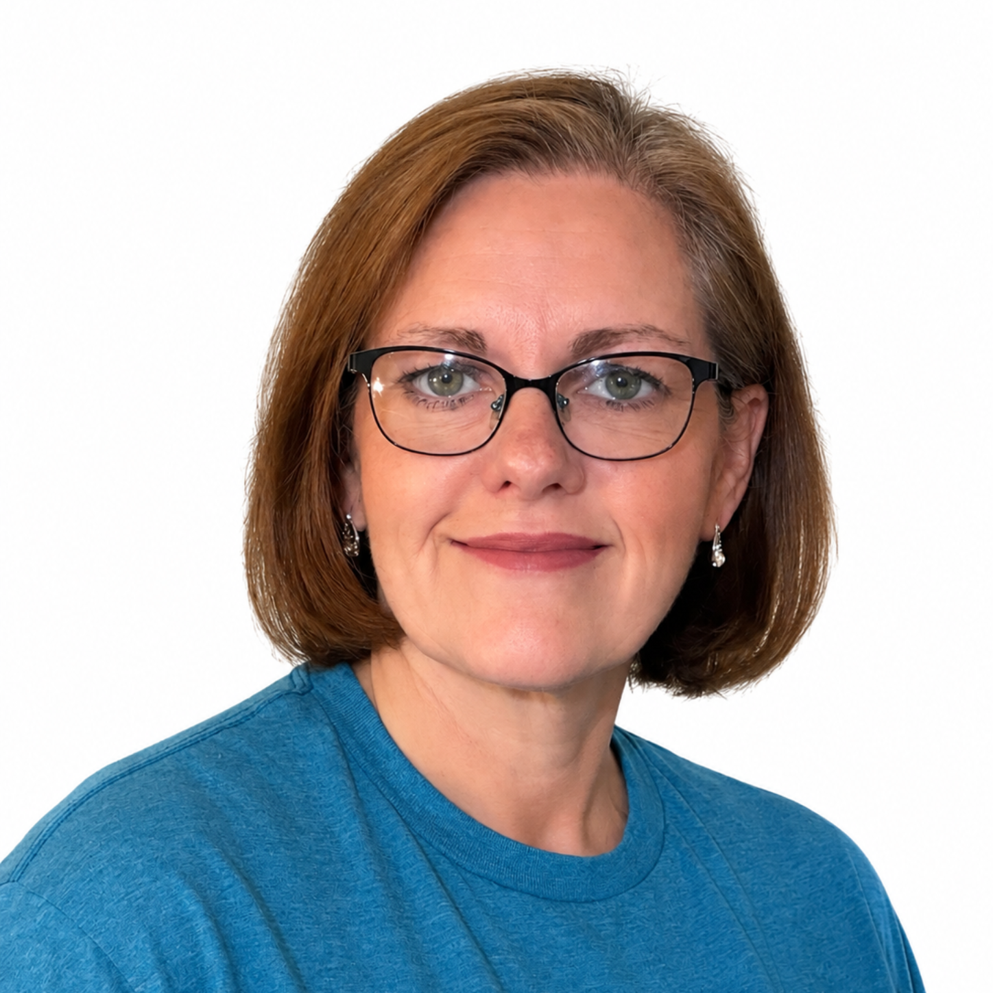 Portrait of a woman wearing glasses and a blue sweater on a white background