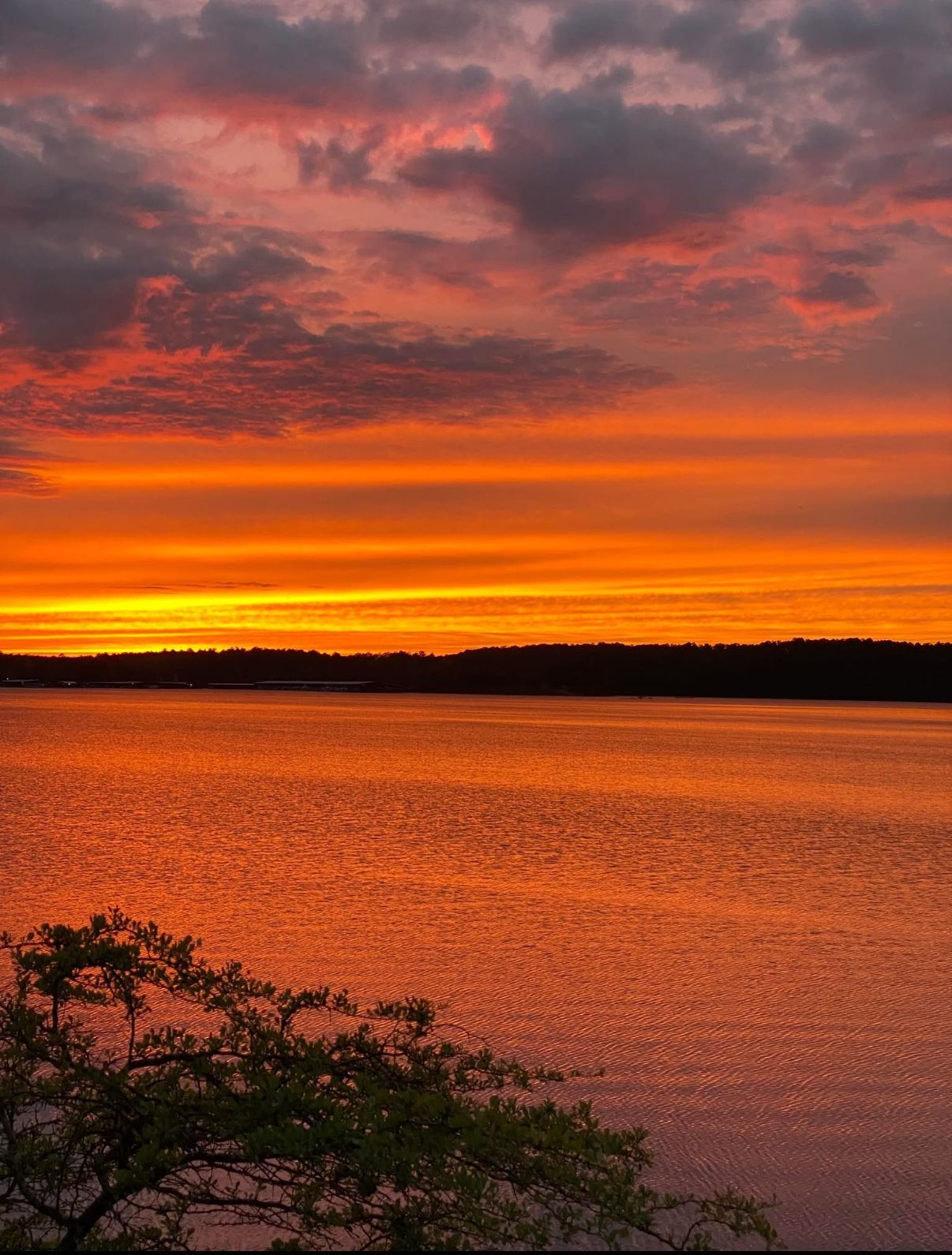 Fiery sunset over calm lake, with orange and red sky, silhouetted trees.