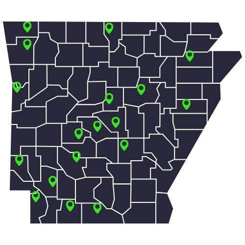 Map of Arkansas with county borders and multiple green location markers.