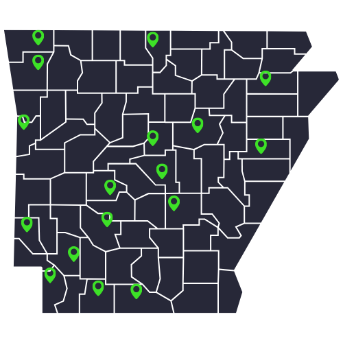 Map of Arkansas with county borders and multiple green location markers.