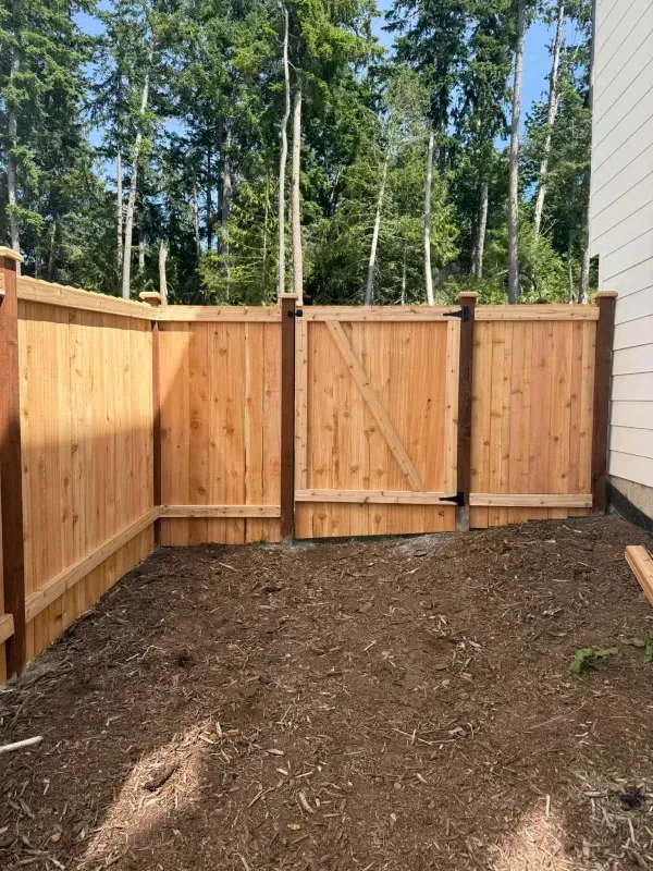 Wooden fence with gate in an outdoor area; brown soil, trees in the background, sunny.