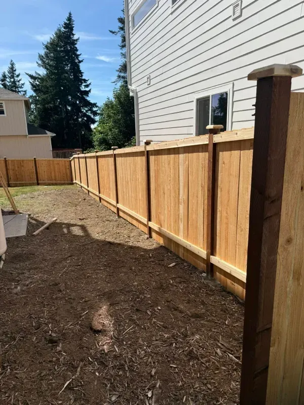 Wooden fence along a backyard, with a house on the right and bare soil.