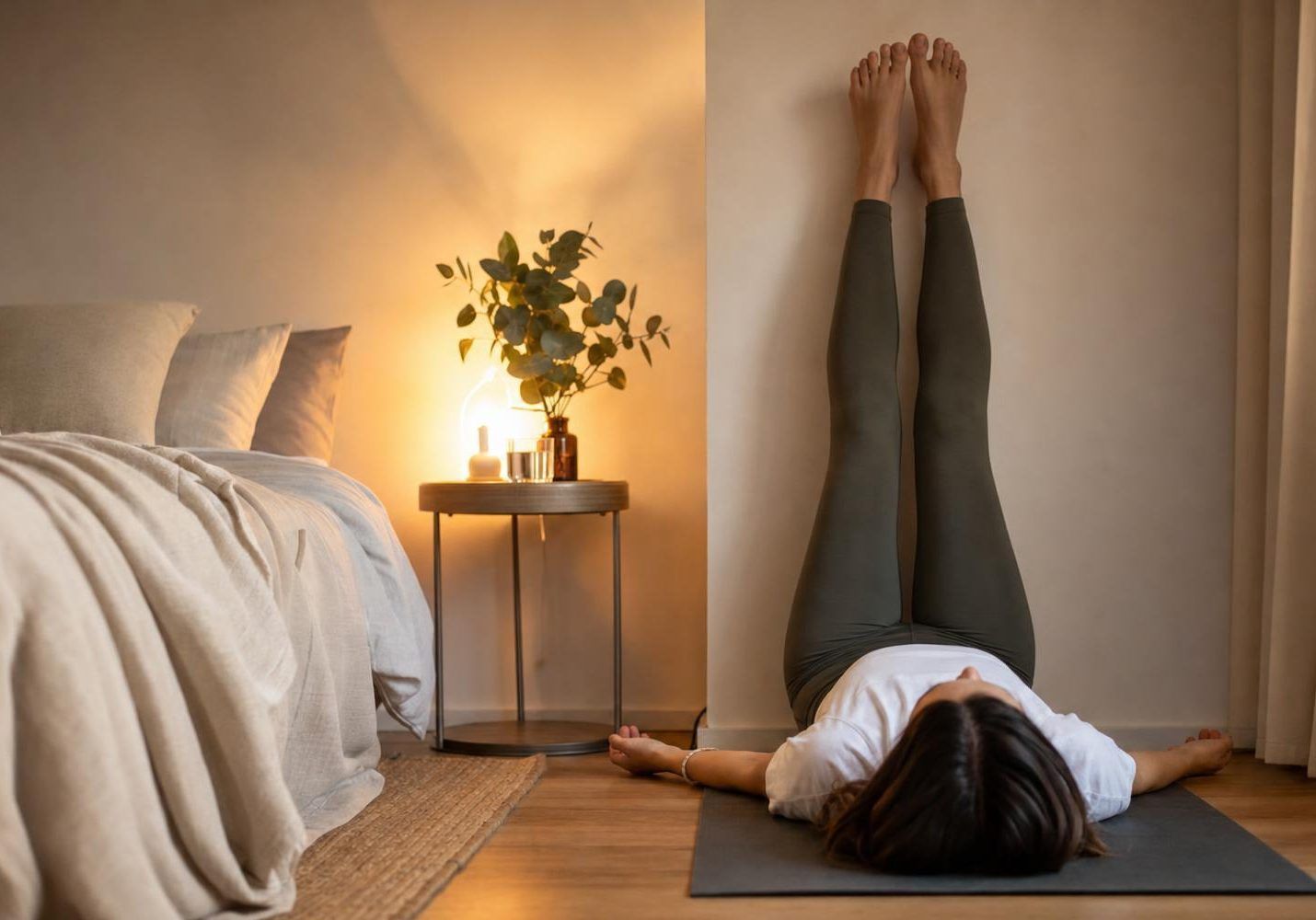 Person doing a legs-up-the-wall yoga pose beside a bed in a softly lit bedroom