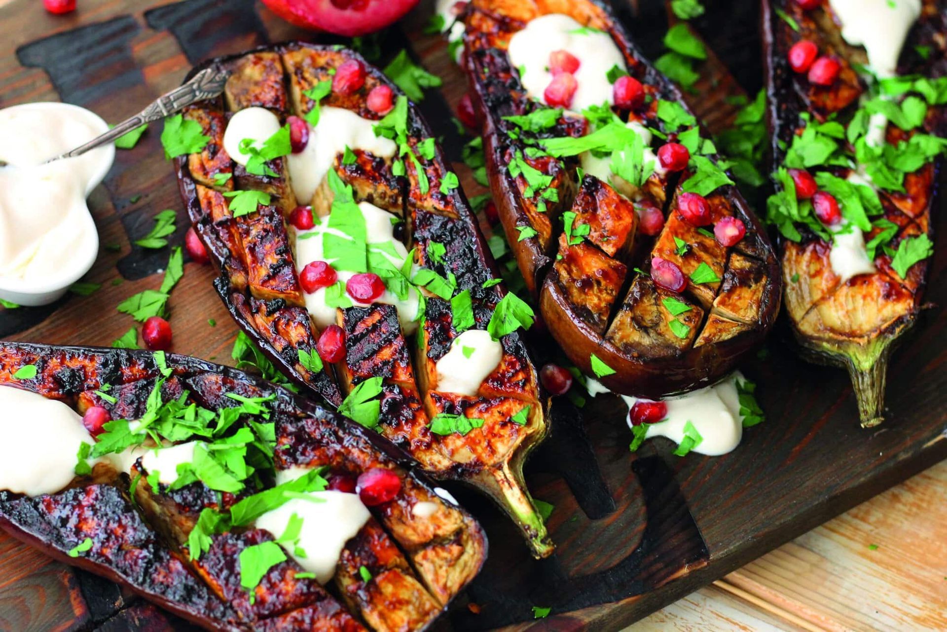 Caramelised aubergine steaks glazed with miso, mirin, soy and toasted sesame oil.