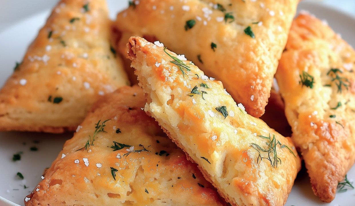 Golden-brown herb-sprinkled toasted sandwich triangles stacked on a white plate