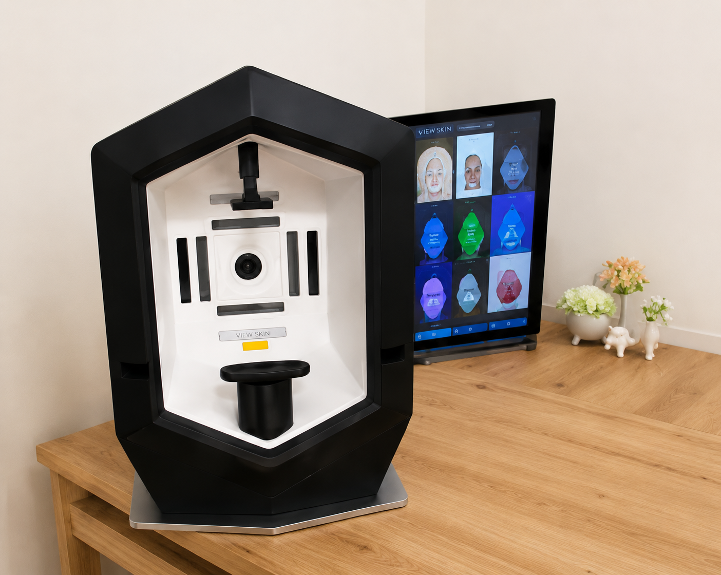 Stampante 3D esagonale nera su una scrivania di legno con un monitor che mostra icone di volti colorati alle sue spalle