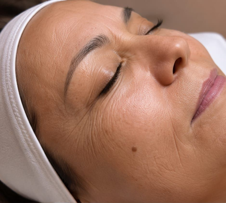 Primo piano di una donna sdraiata con gli occhi chiusi durante un trattamento viso, con indosso una fascia bianca.