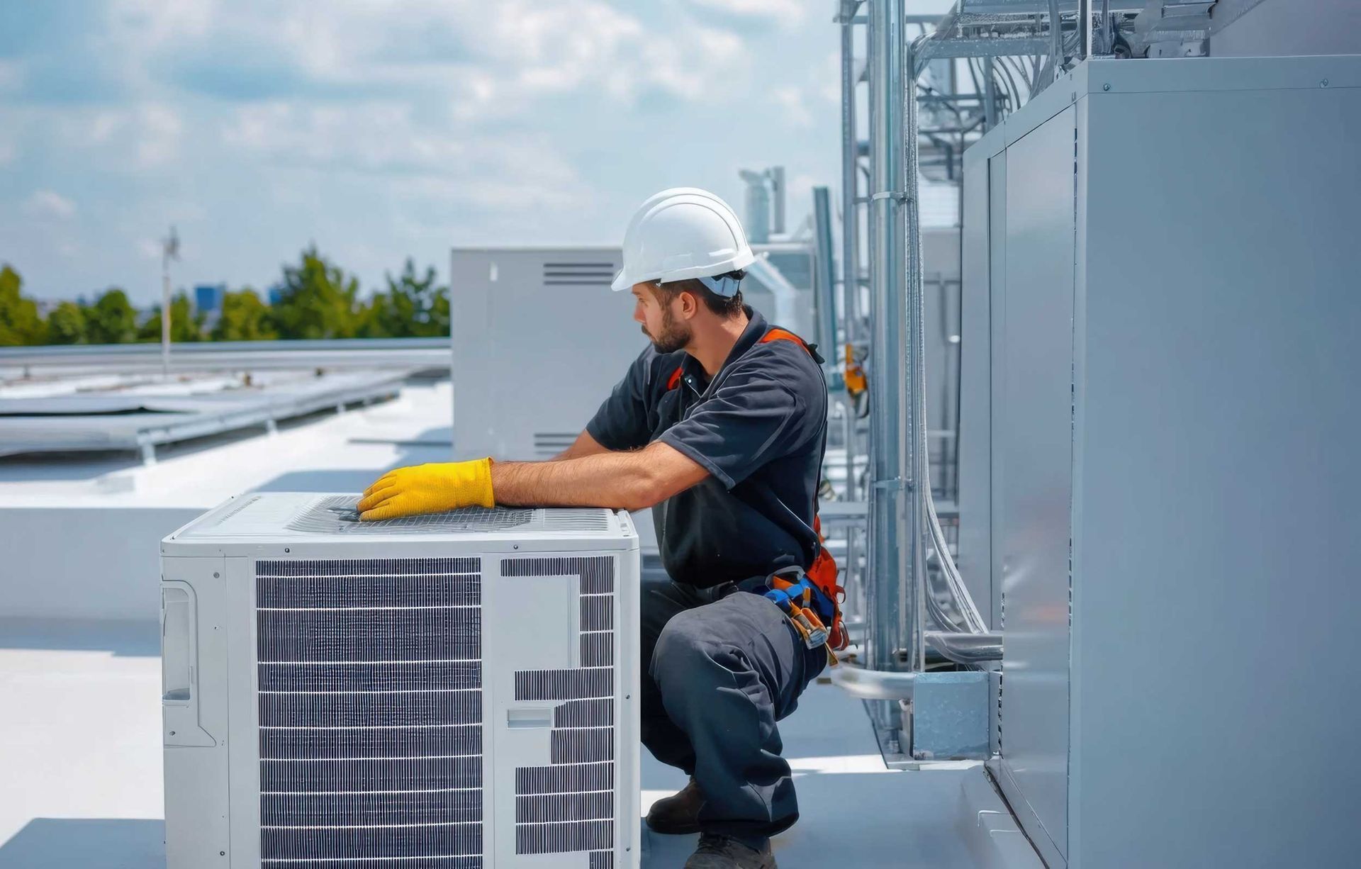 A technician repairing a commercial HVAC unit with safety gear for optimal performance. A technician repairing a commercial HVAC unit with safety gear for optimal performance.