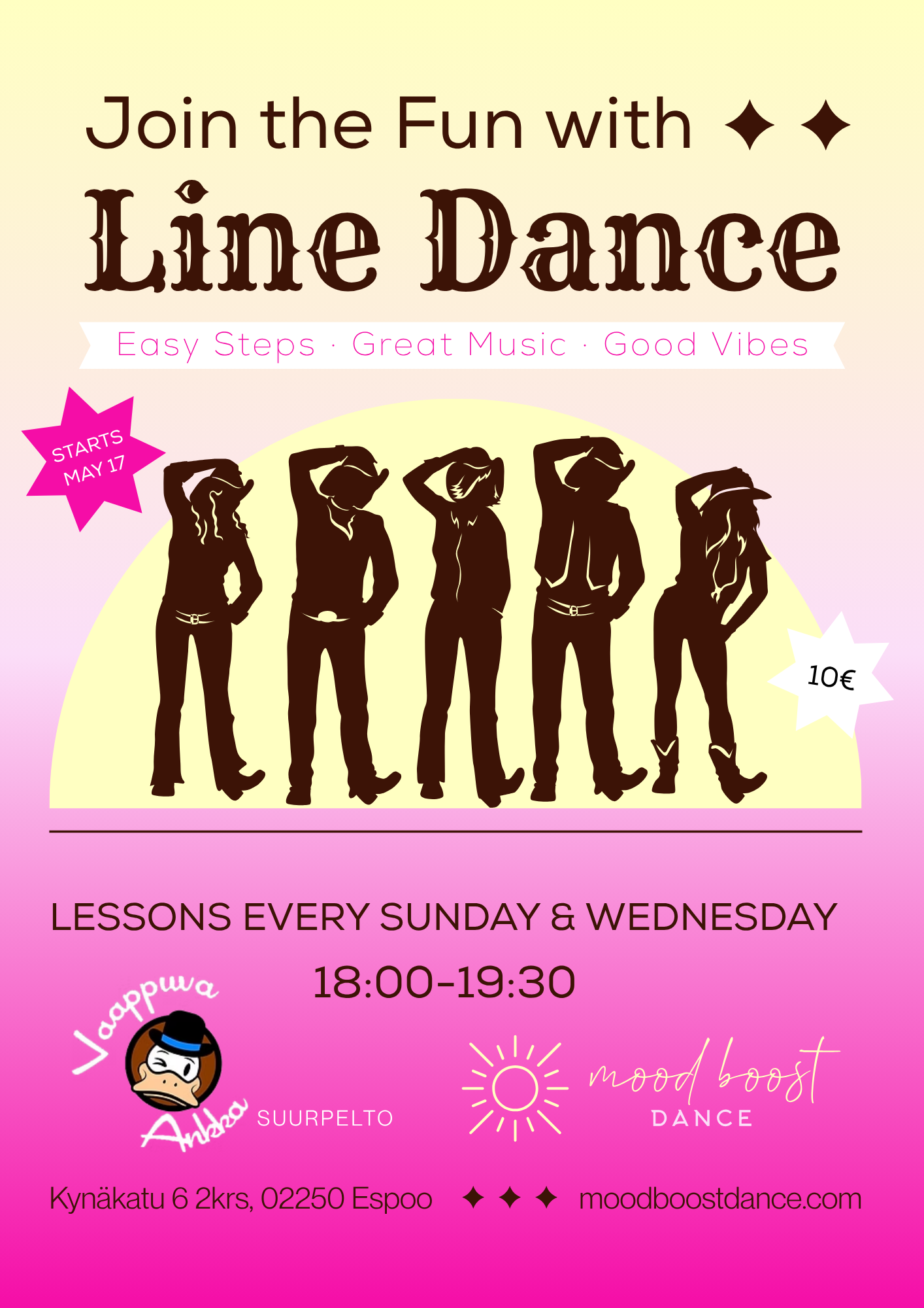 Pink line dance event poster with silhouetted dancers and lesson times on a black-to-pink gradient background