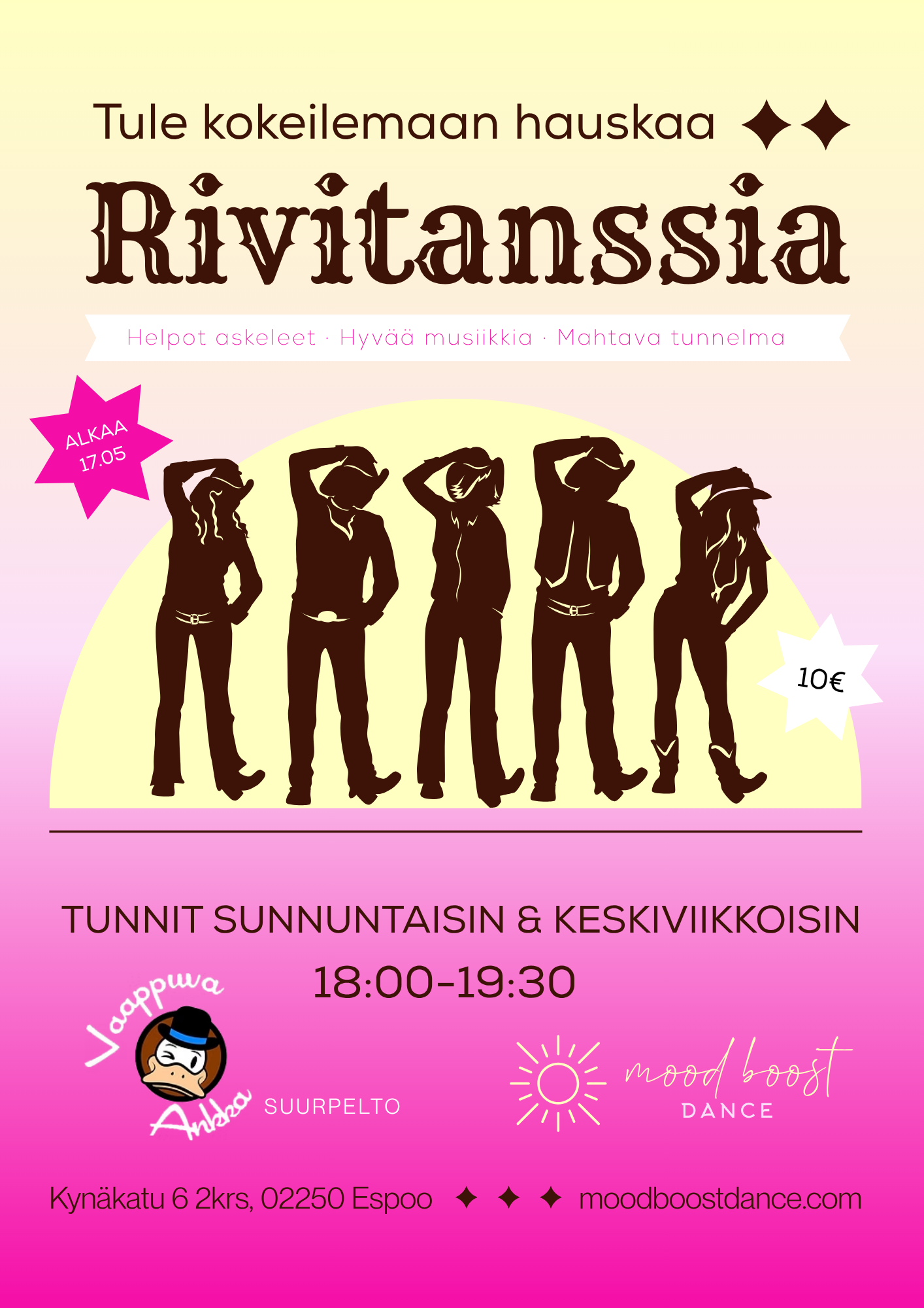 Pink poster for Rivitanssia dance class, showing five dancing silhouettes and class times in Finnish