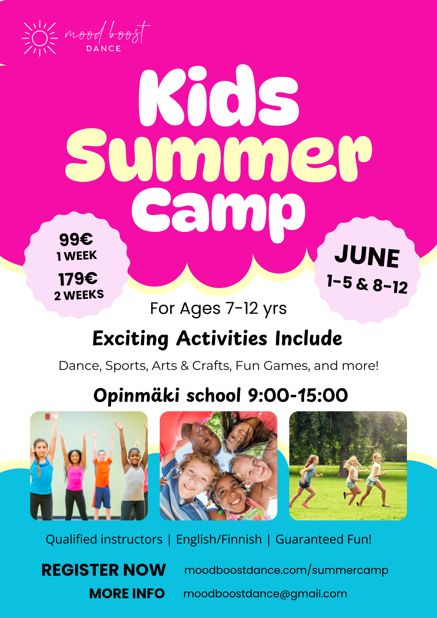 Kids Summer Camp flyer with activities, dates June 1–6 & 8–12, and registration details