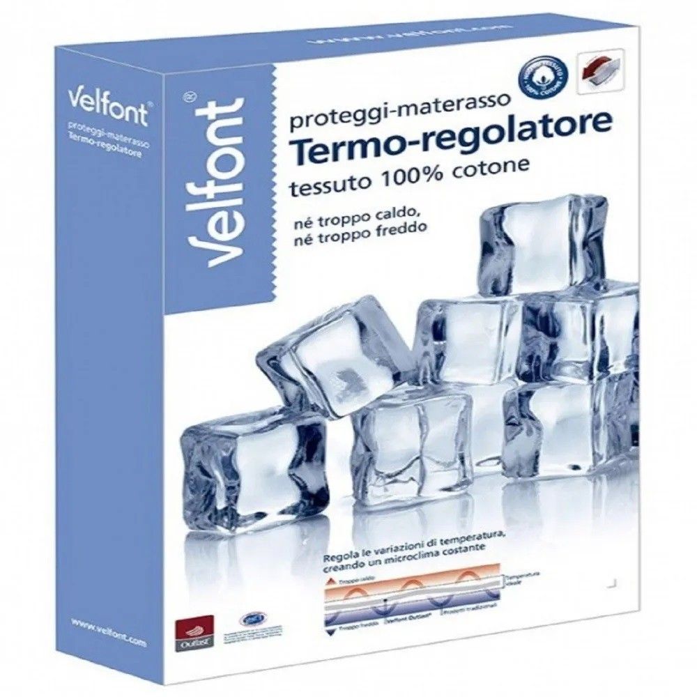 Una confezione di coprimaterasso Velfont con scritta in tessuto 100% cotone, cubetti di ghiaccio e schema di termoregolazione.
