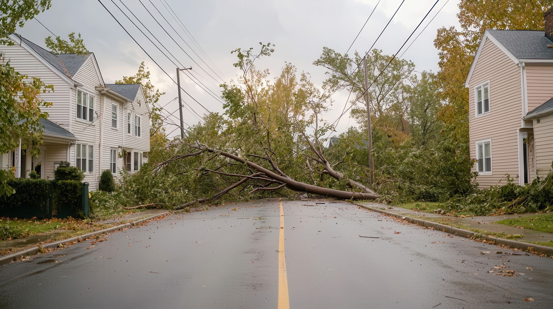 A large tree blocks a road lined with houses, power lines visible overhead, after a storm. A large tree blocks a road lined with houses, power lines visible overhead, after a storm.