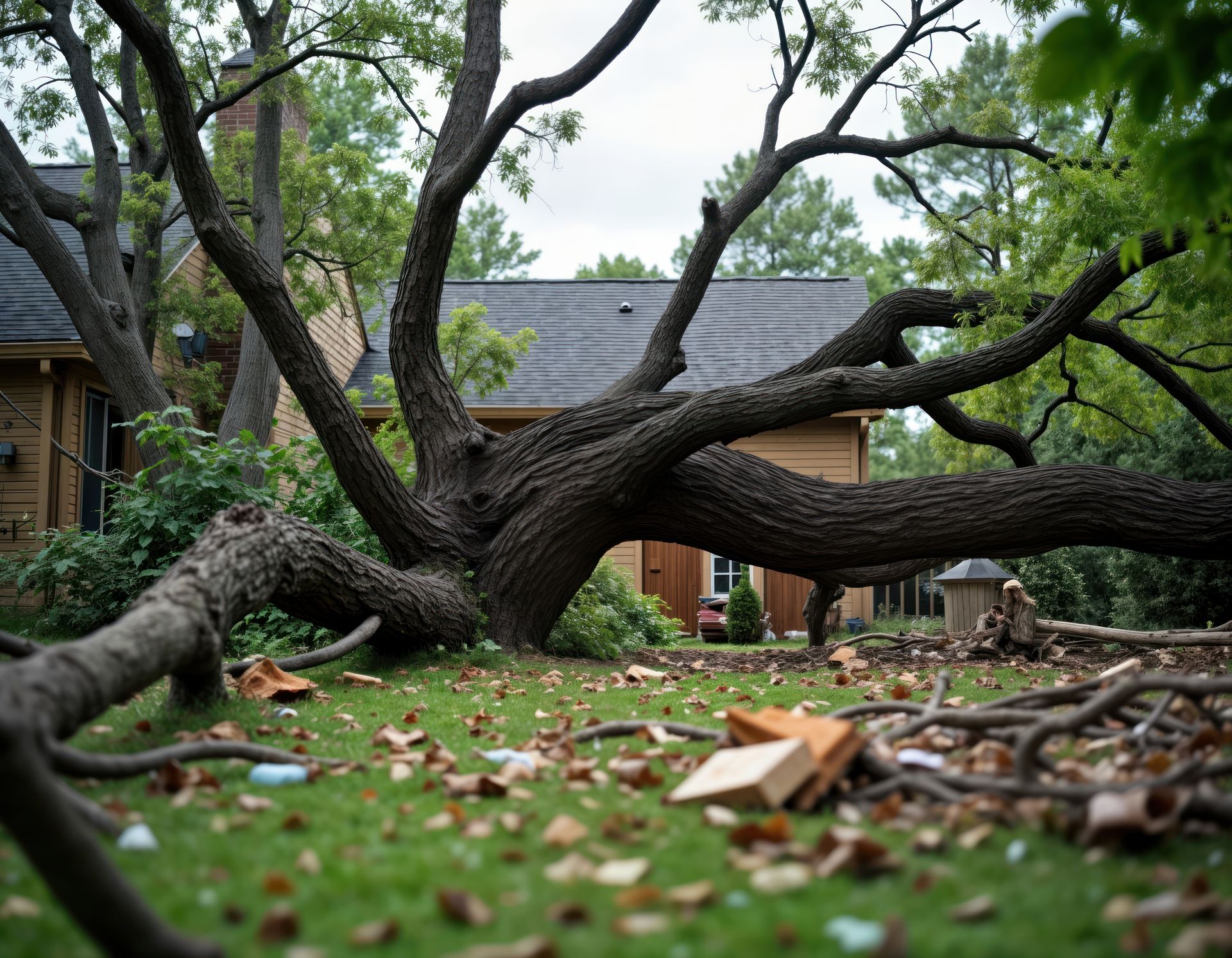 Fallen tree on lawn in front of a house; brown trunk and branches, green grass, overcast sky. Fallen tree on lawn in front of a house; brown trunk and branches, green grass, overcast sky.