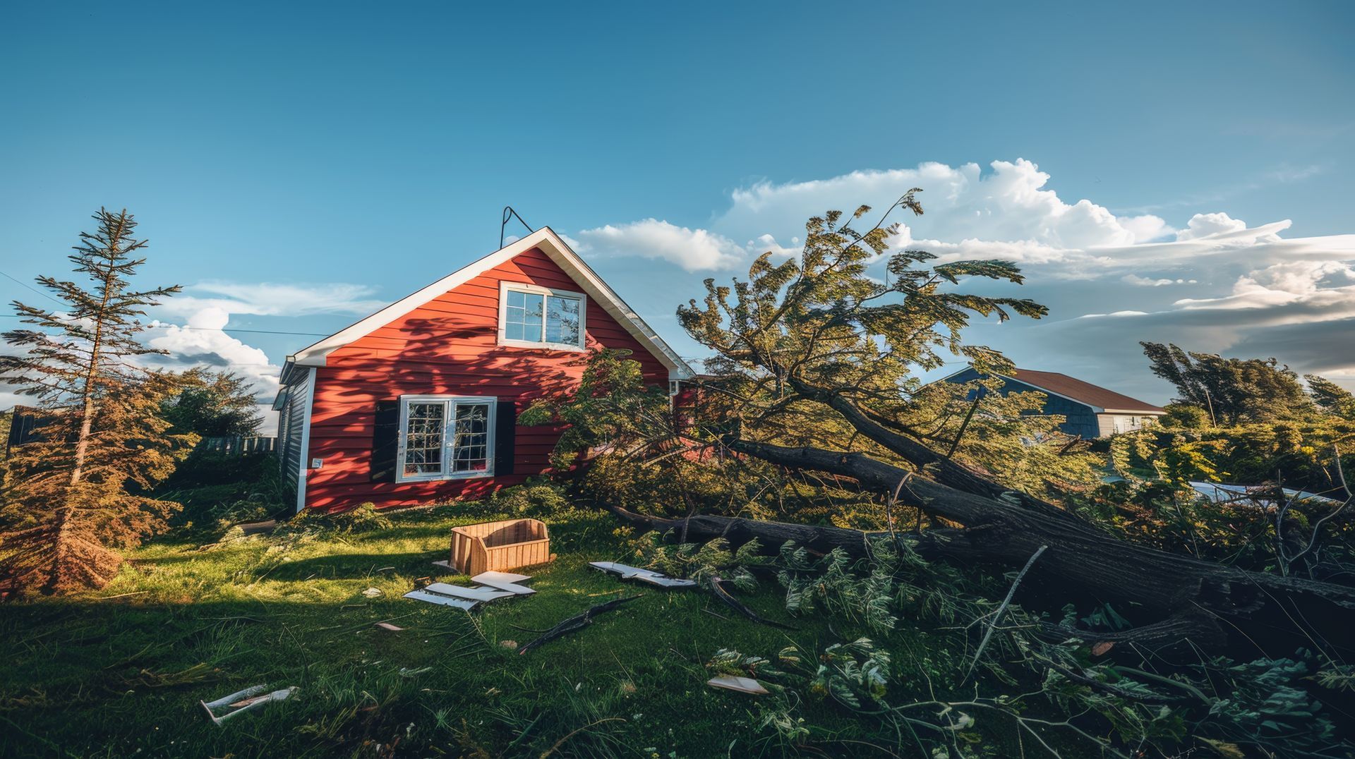 Red house damaged by fallen tree on a sunny day. Red house damaged by fallen tree on a sunny day.