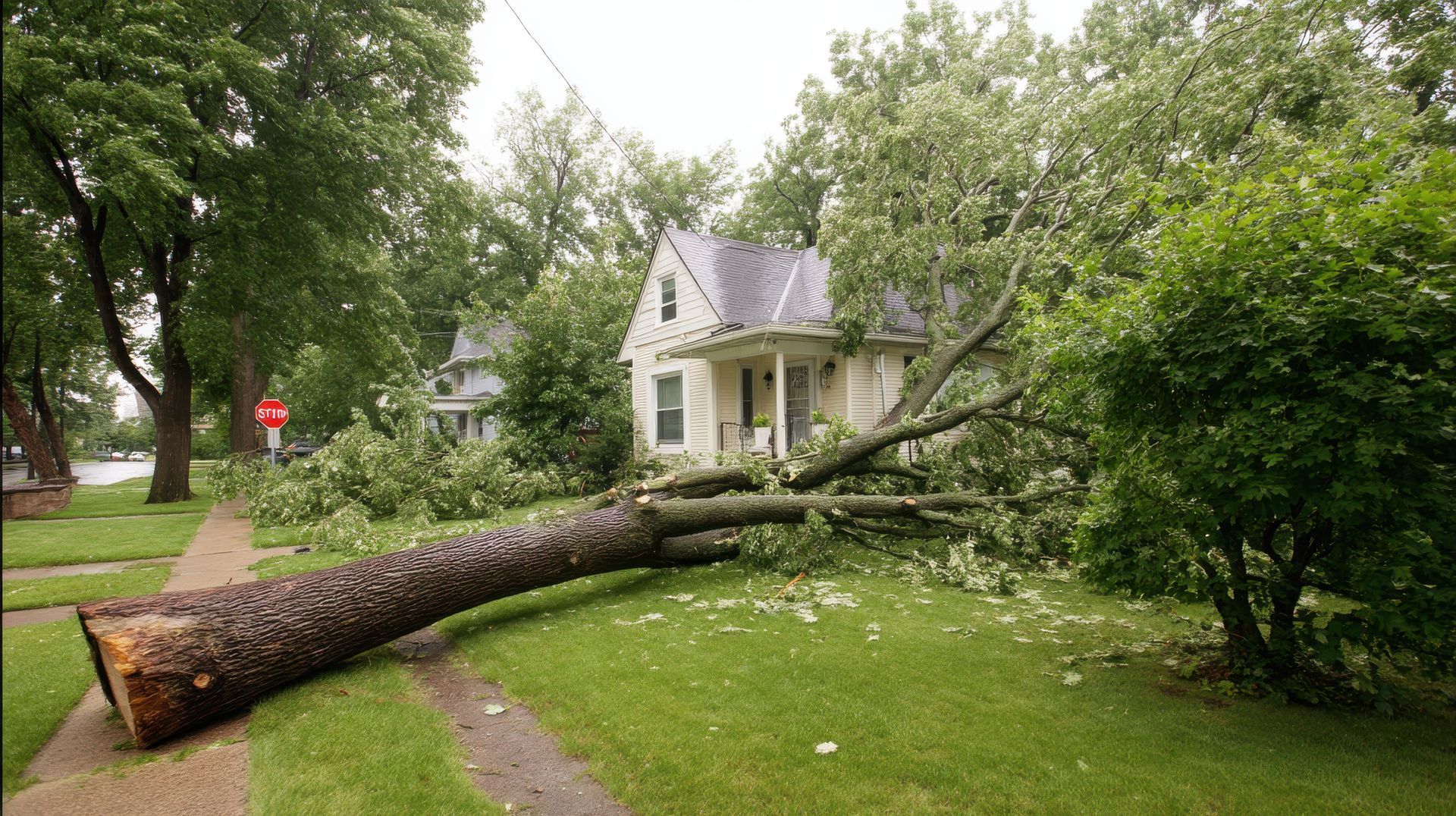 Fallen tree on a lawn next to a house; branches and debris strewn about. Overcast sky. Fallen tree on a lawn next to a house; branches and debris strewn about. Overcast sky.