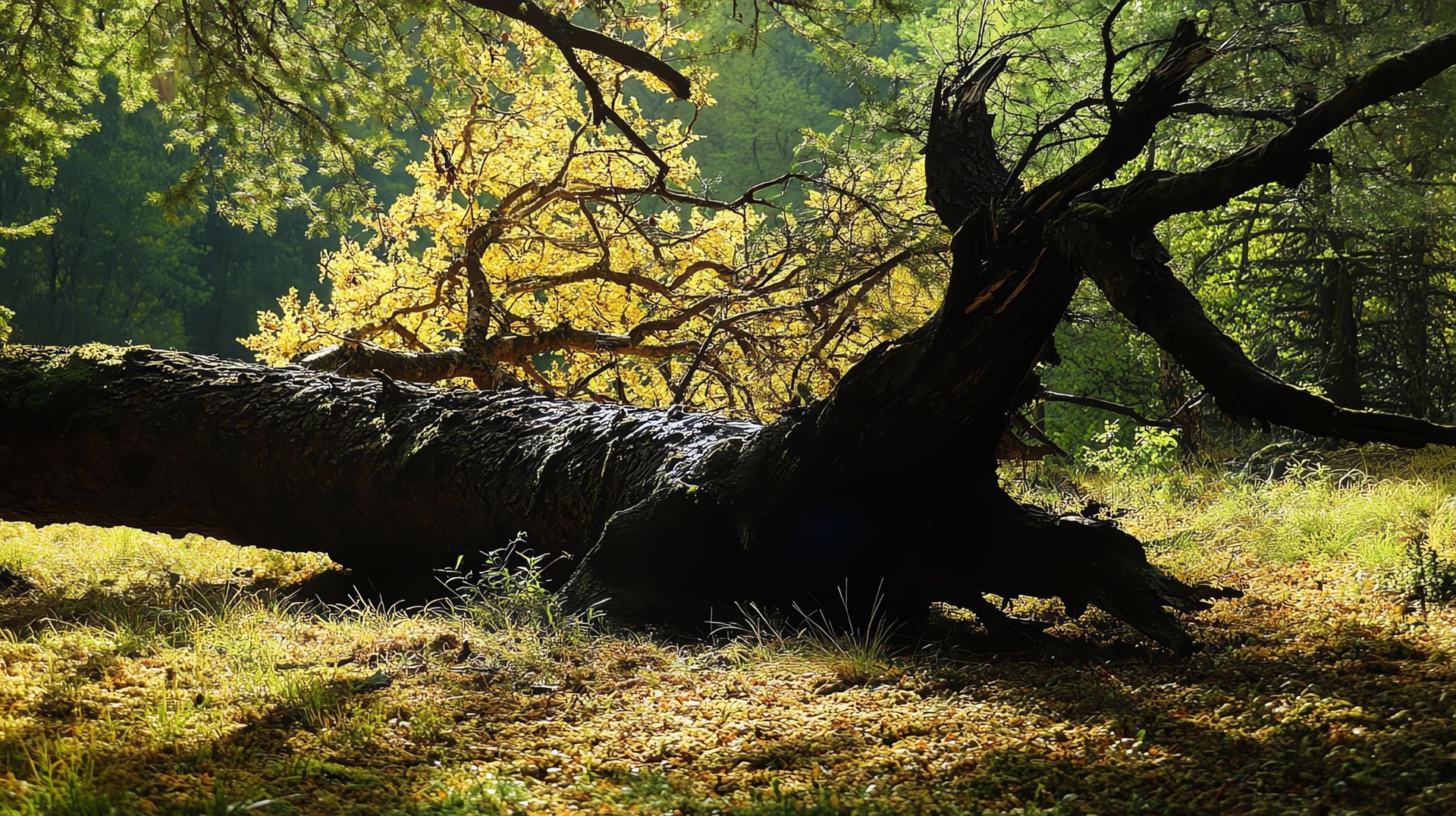 Fallen tree in a sunlit forest, with branches reaching out; yellow foliage in the background. Fallen tree in a sunlit forest, with branches reaching out; yellow foliage in the background.
