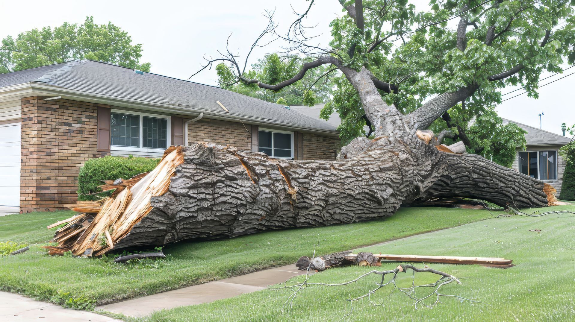 Large tree fallen on a house, lying across the roof and lawn, after a storm. Large tree fallen on a house, lying across the roof and lawn, after a storm.