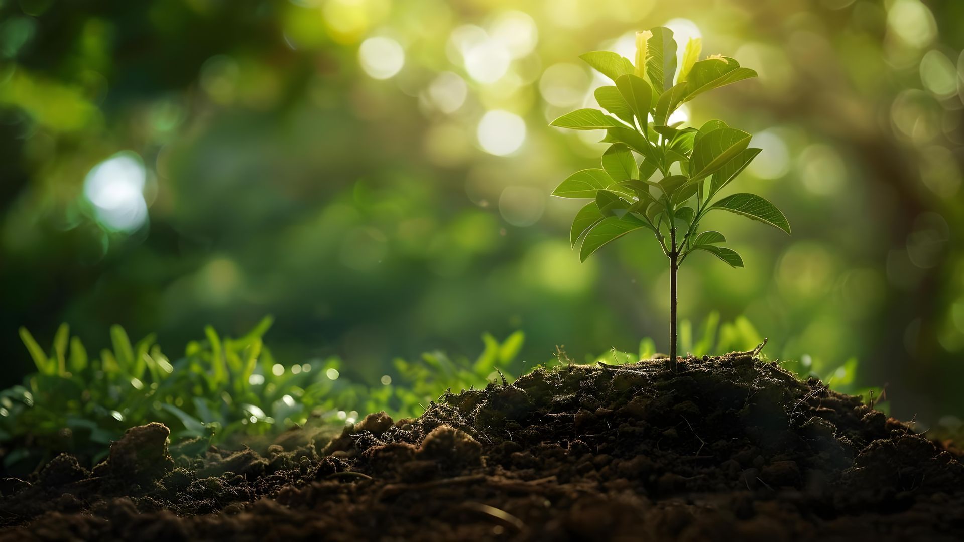 Young green plant sprouting from a mound of dark soil, with blurred green foliage in the background, lit by sunlight. Young green plant sprouting from a mound of dark soil, with blurred green foliage in the background, lit by sunlight.