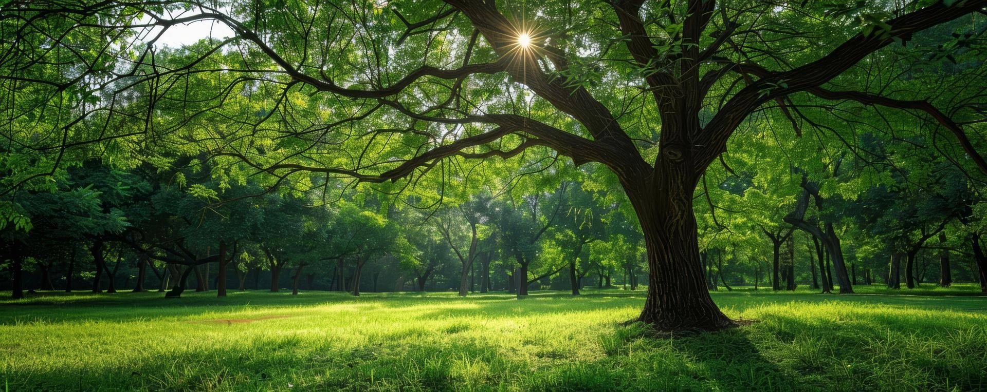 Lush green meadow bathed in sunlight under the shade of a large tree with expansive branches. Lush green meadow bathed in sunlight under the shade of a large tree with expansive branches.