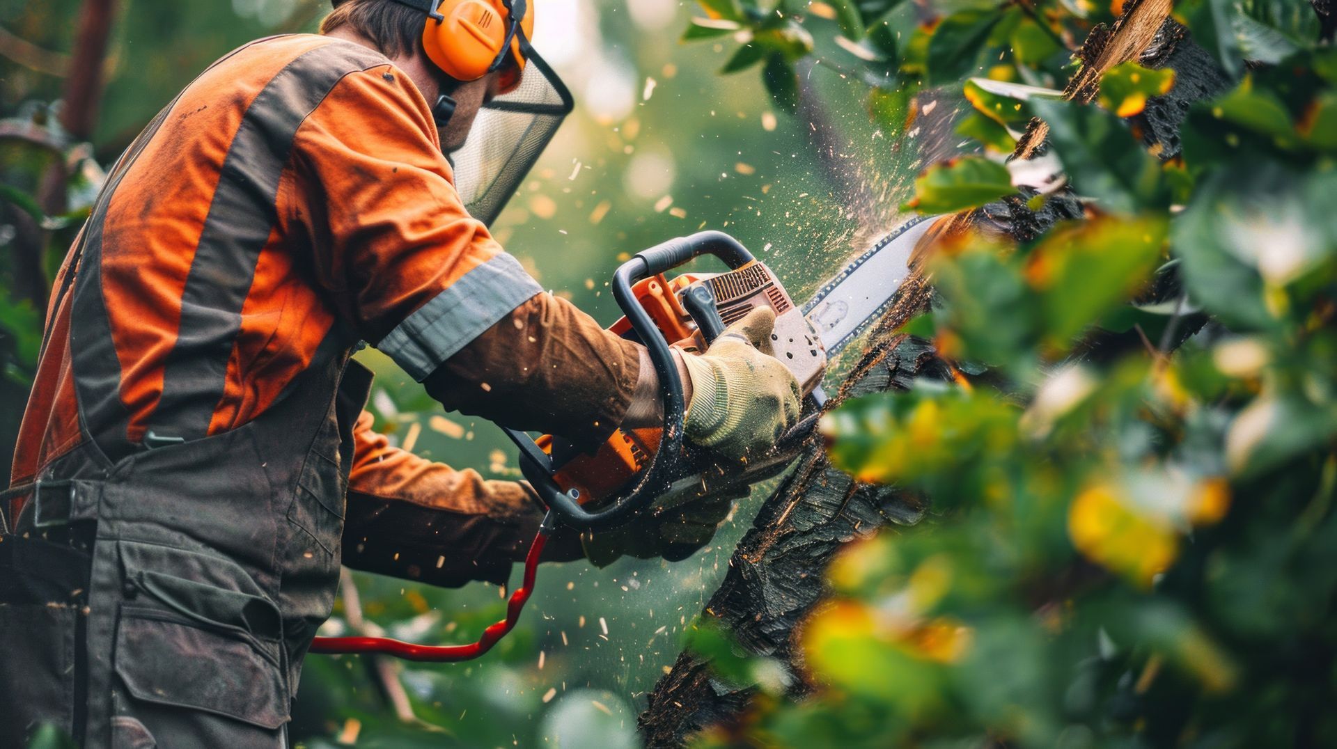 Person in orange work gear using a chainsaw to cut a tree limb, with wood chips flying. Person in orange work gear using a chainsaw to cut a tree limb, with wood chips flying.