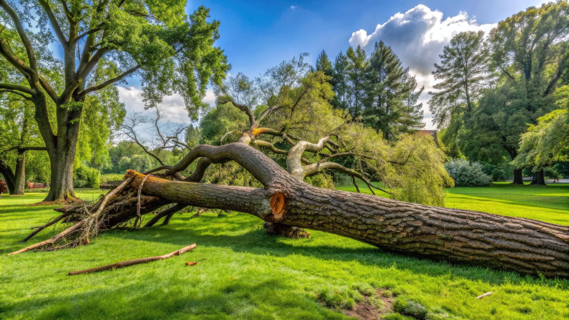 Fallen tree on green grass in a park, with cut trunk and visible roots. Sunny day. Fallen tree on green grass in a park, with cut trunk and visible roots. Sunny day.