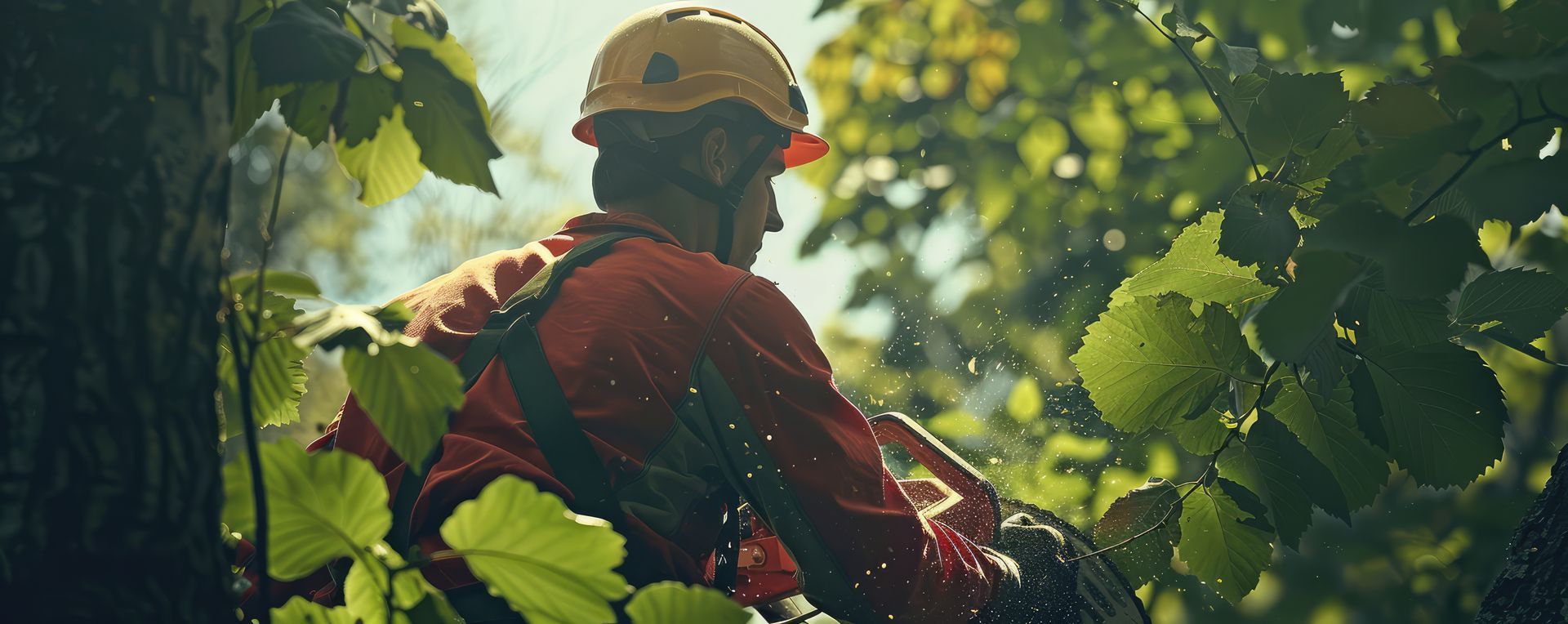 Arborist in an orange jumpsuit and helmet, working in a tree among green leaves. Arborist in an orange jumpsuit and helmet, working in a tree among green leaves.