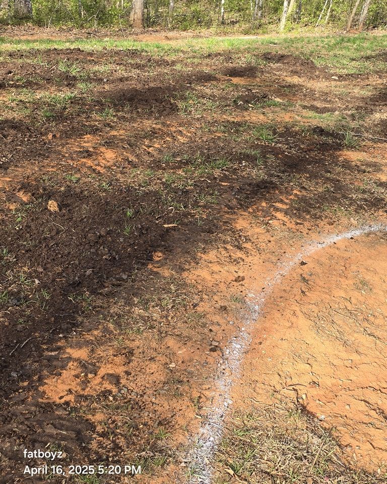 Dry, patchy ground with dark soil and an orange dirt path edge in a wooded area
