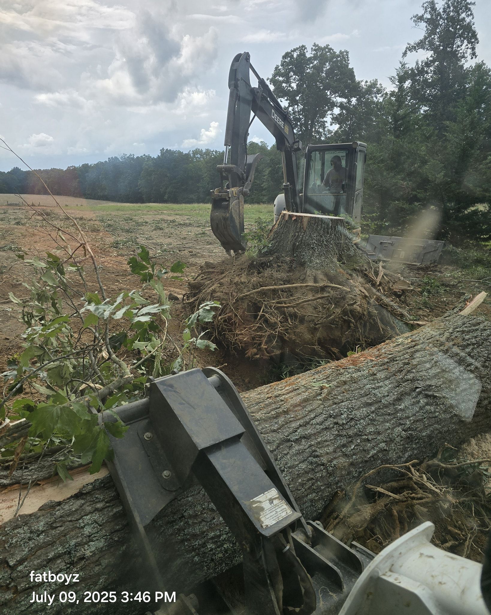 Excavator clearing debris beside a fallen tree in a muddy field under cloudy skies