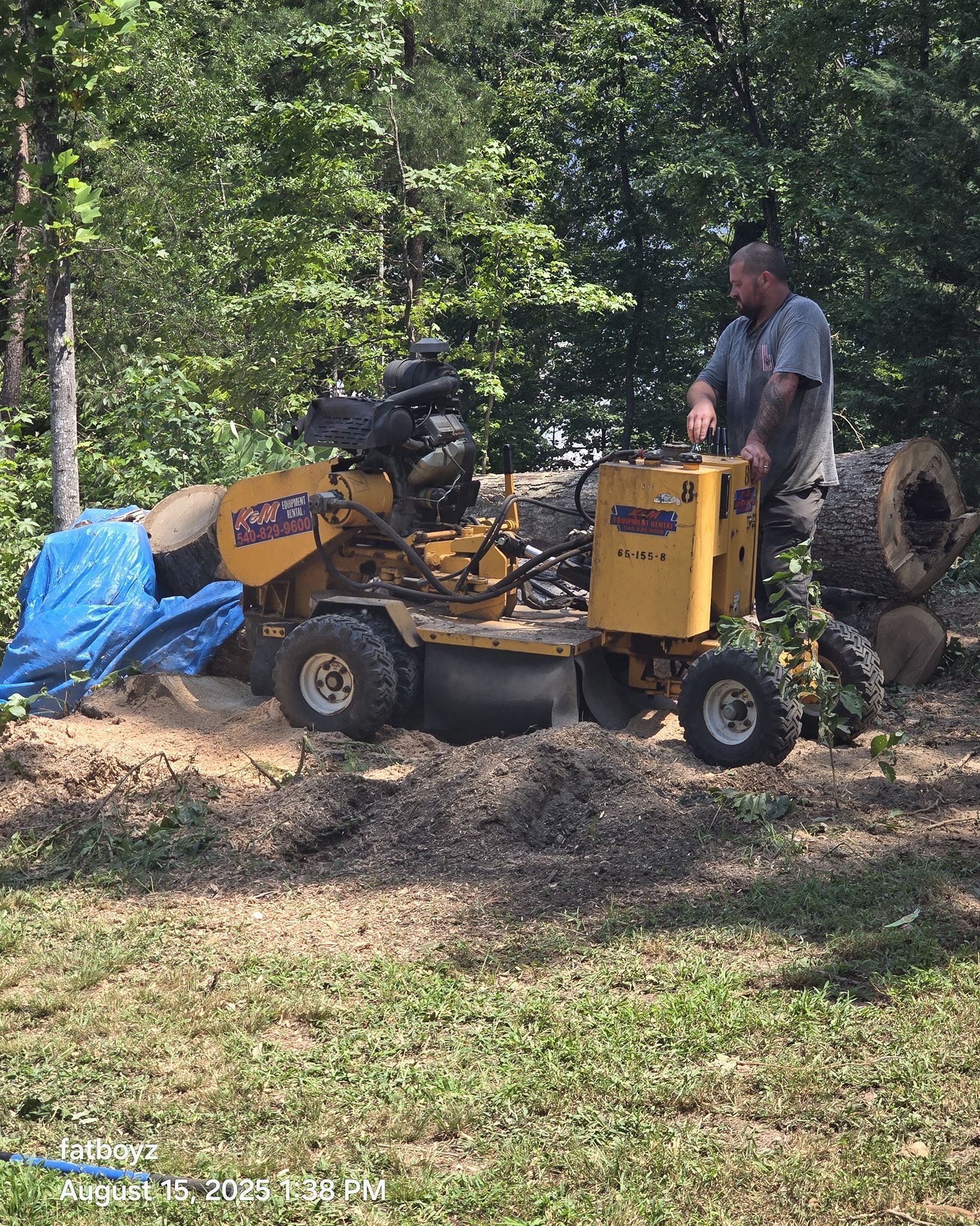Worker standing on a yellow wood chipper in a wooded yard, with logs and a blue tarp nearby