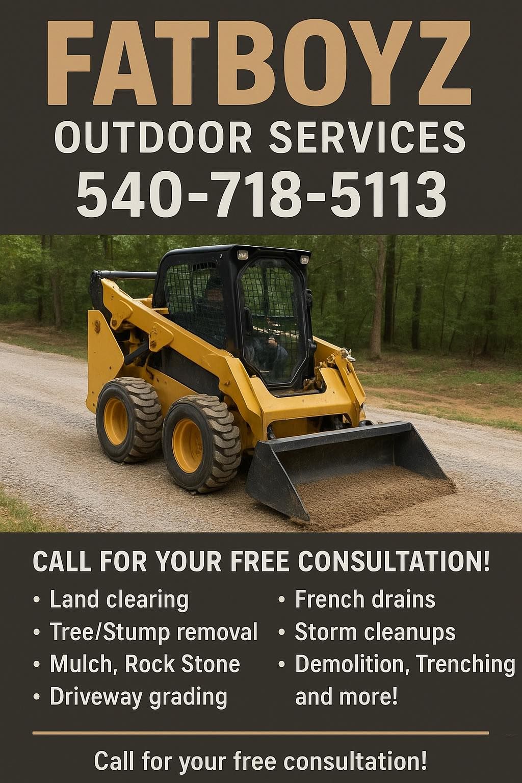 Fatboyz Outdoor Services ad with yellow skid steer on a dirt road and list of land-clearing services