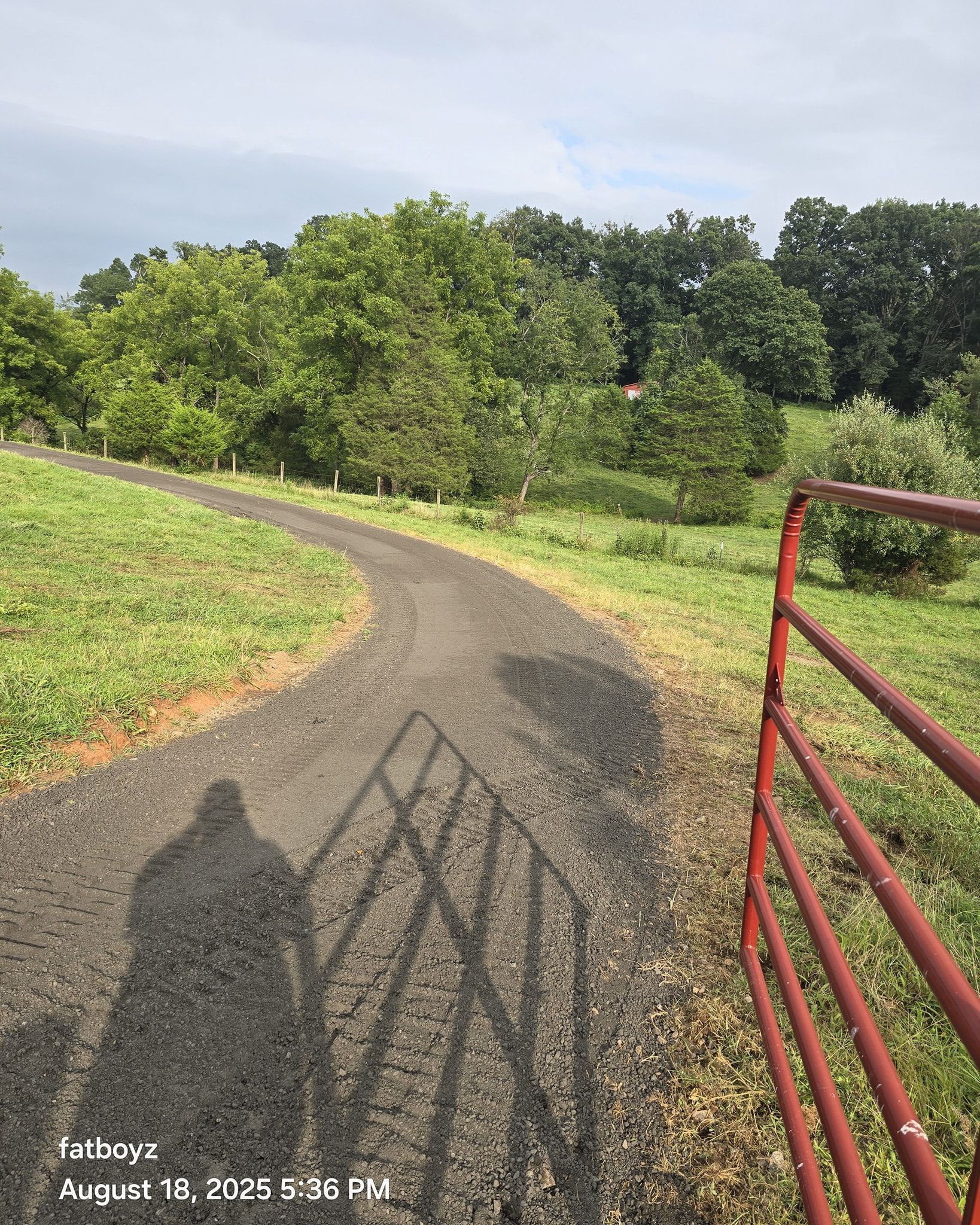 Curving paved path through a green field with trees, beside a red metal gate under a bright sky
