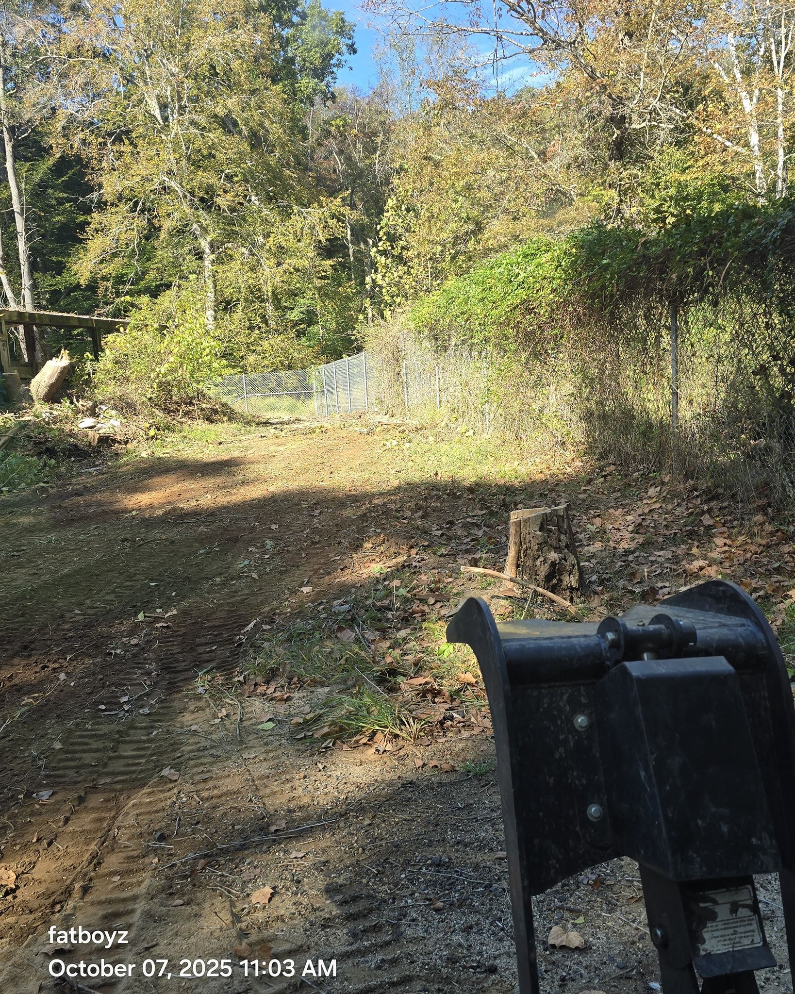 Leaf-covered dirt path through a wooded area with sunlight and a black trash bin in the foreground