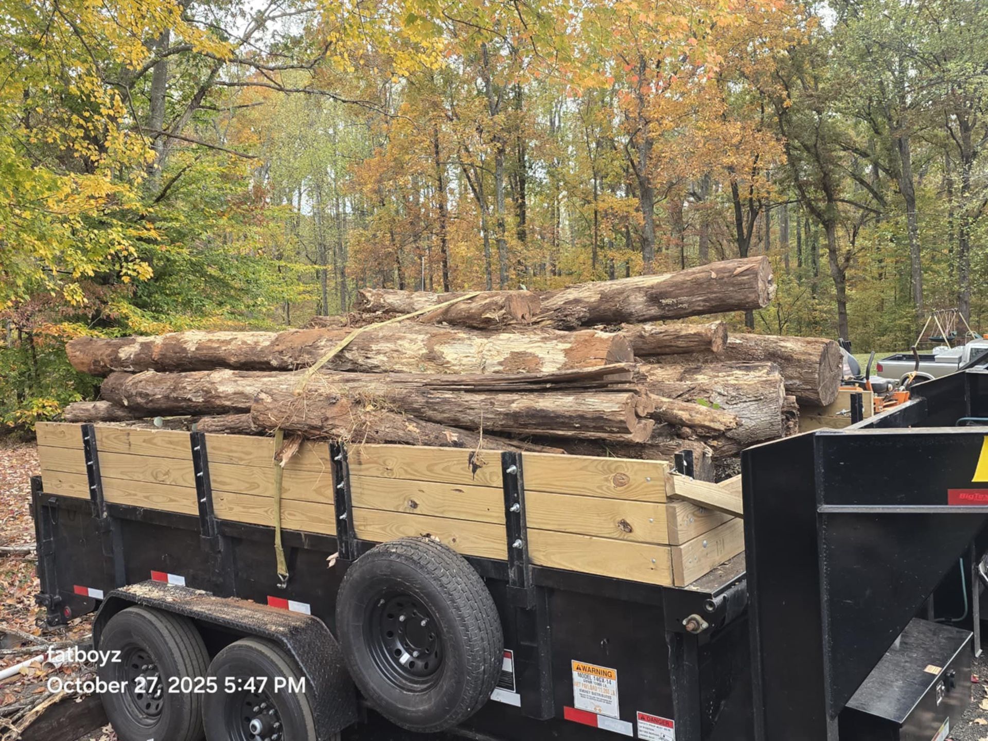 Black trailer loaded with logs in a wooded area during fall