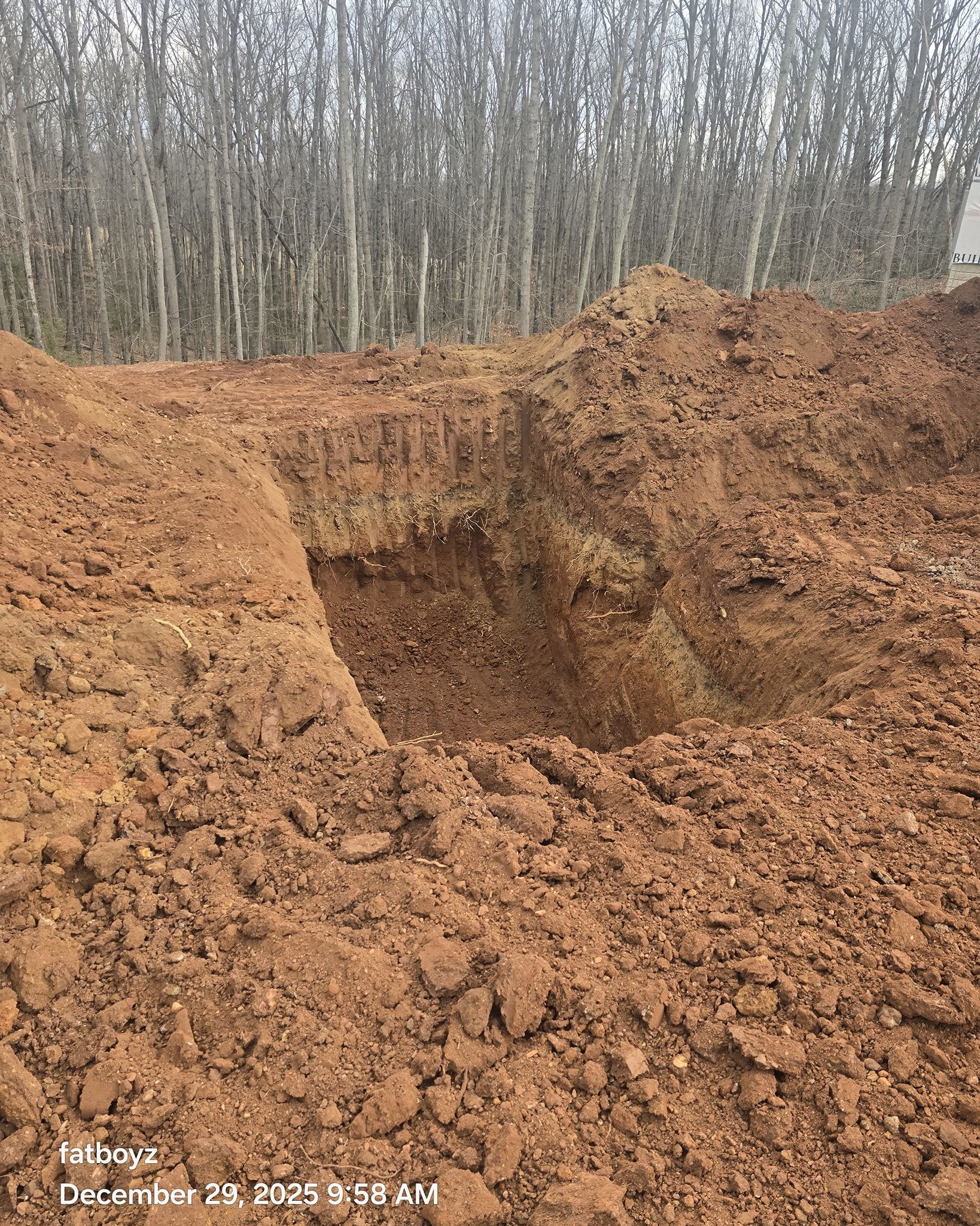 Large muddy excavation pit in a forest clearing, with bare trees in the background.