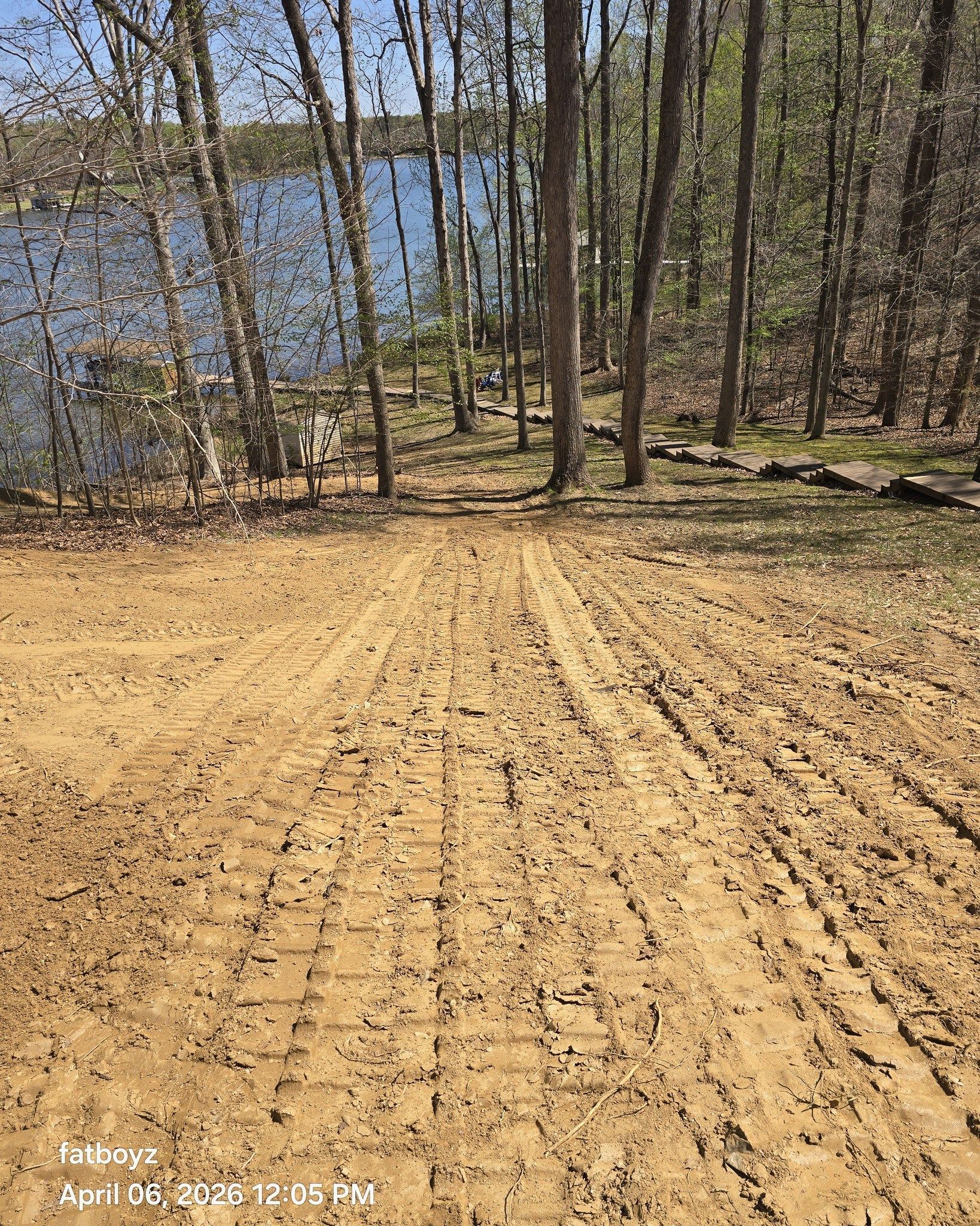Sandy dirt road leading to a lake through bare trees on a sunny day