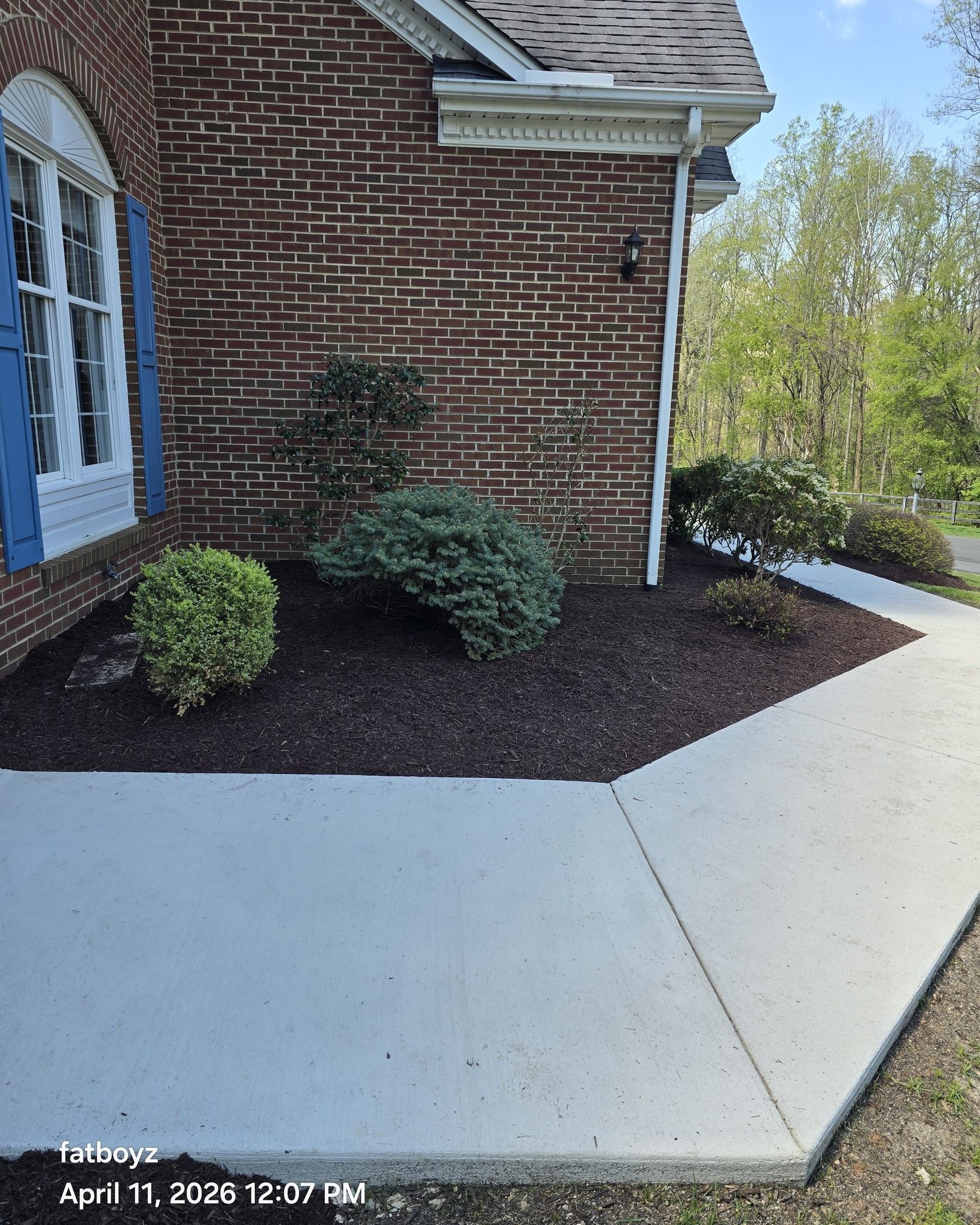 Concrete walkway beside a brick house with shrubs and a blue door