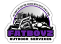 Fatboyz Outdoor Services logo with skid steer, rocks, and trees in purple, black, and white