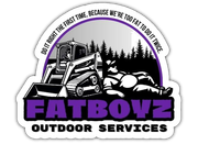 Fatboyz Outdoor Services logo with skid steer, rocks, and trees in purple, black, and white