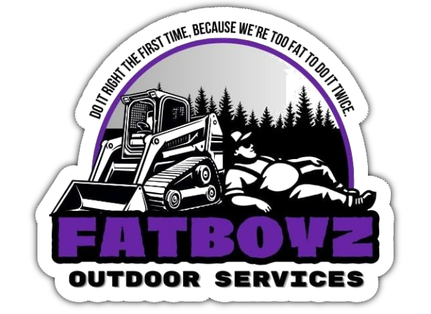 Fatboyz Outdoor Services logo with skid steer, rocks, and trees in purple, black, and white