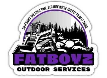 Fatboyz Outdoor Services logo with skid steer, rocks, and trees in purple, black, and white