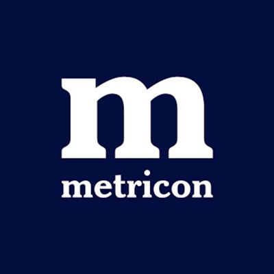 A logo for metricon on a blue background
