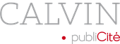 Logo de Calvin PubliCité en gris et rouge sur fond blanc