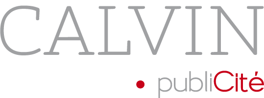 Logo de Calvin PubliCité en gris et rouge sur fond blanc