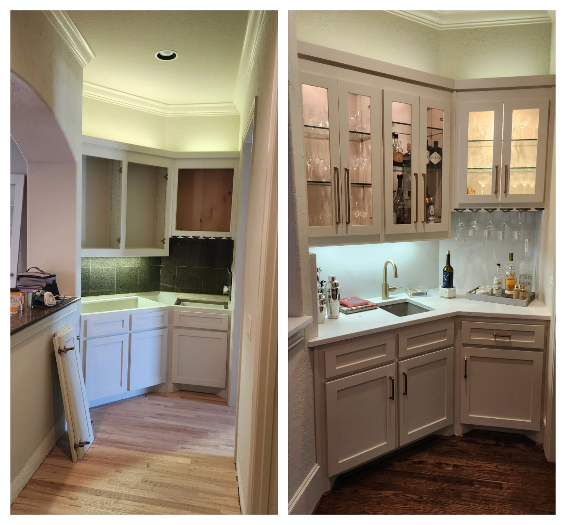 Before and after photos of a small home bar renovation with white cabinets, glass doors, and a gold faucet.